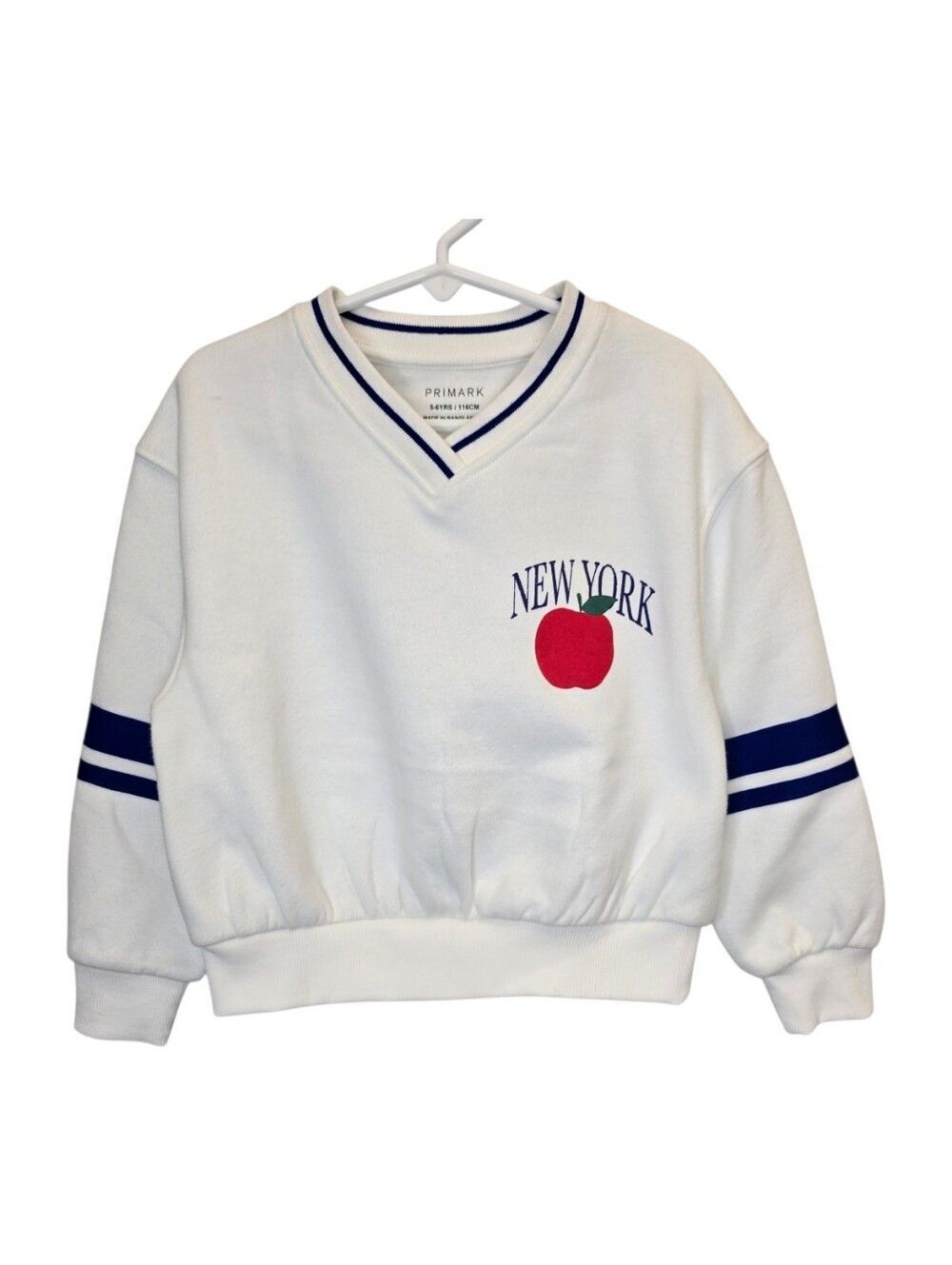 Primark Kids 5-6 White 'New York' Apple V-Neck Sweatshirt NWT